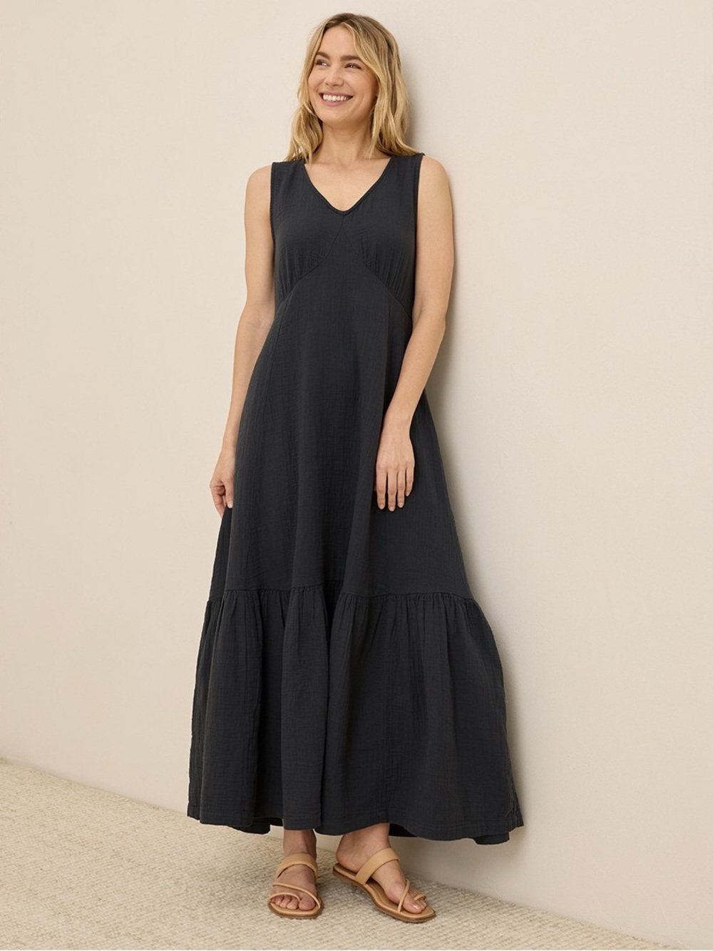 Pact coastal double gauze beach to brunch dress black